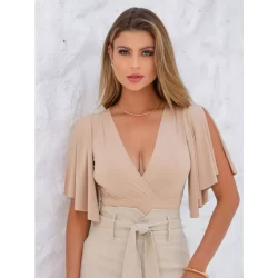 Body feminino malha decote V transpassado manga fluida