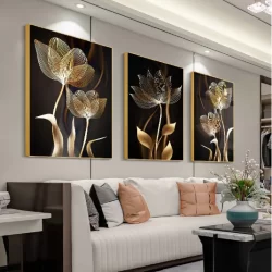 Quadros Decorativos 3 Peças 90x70 Trio Flor Dourada Preta Vintage Abstrato Escritório Floral Sala