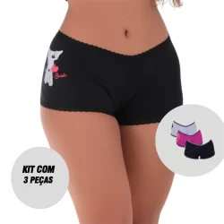 Kit 3 Calcinhas Feminina Short Dog Algodão Penteado