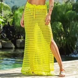 Saia Saída Longa de Praia Feminina em Tricot c/ Fenda Lateral e Franja
