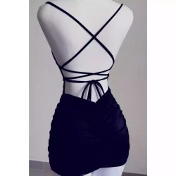 Mini Vestido Drapeado Lateral Trançado Nas Costas Tecido Suplex