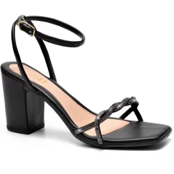 Sandália Feminina Lumiss Confortável Tiras Salto Alto Bloco Strass Brilho Preto