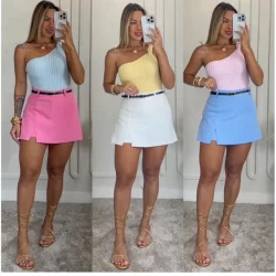 Short Saia Alfaiataria feminino Fenda na Lateral com Cinto Tendência Candy Color