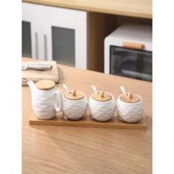 Kit Com 4 Peças Porta Mantemento em Cerâmica  com Suporte de Bambu colher de bambu