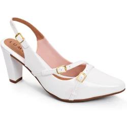 Scarpin Feminino Lumiss Confortável Slingback Fivelas Salto Fino Bico Fino Verniz Branco