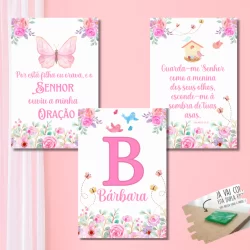 Kit 3 Quadro Decorativo Jardim Encantado Borboletas Personalizado Placa Mdf Quarto Bebê Infantil