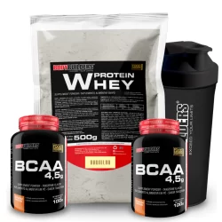 Kit Whey Protein Concentrado em Blend Proteico 500g + 2x BCAA 4,5 100g +  Coqueteleira Bodybuilders
