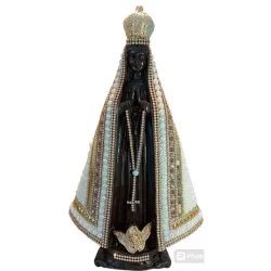 Imagem de Nossa Senhora Aparecida 34cm de pérolas e strass em gesso Preta Italiana!