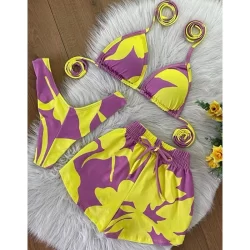 Conjunto Kit Trio  Shorts e Saia Biquíni Feminino Modinha Estampados