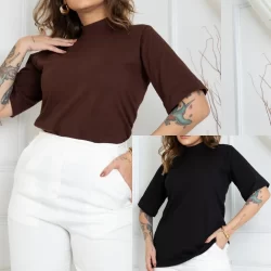 KIT COM 2 BLUSA GOLA ALTA DE RIBANA FEMININA 100% ALGODÃO MANGA CURTA