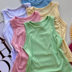 Regata Candy Color Feminina Básica Ribana Algodão Moda Blogueira tons pasteis