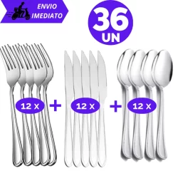 Kit 36 Peças Jogo de Talheres 12 Garfos e 12 Facas e 12 Colheres Aço Inox Premium Conjunto Talher