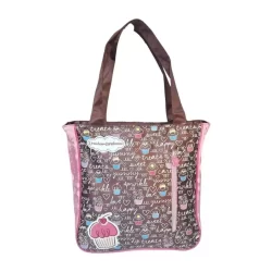 BOLSA UNIVERSITÁRIA TOTE ALÇA OMBRO FIXA CARE BEARS URSINHOS HELLO CUPCAKE ROSA E MARROM GRANDE 5345