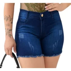 Short Jeans Feminino Cintura Alta com Lycra Barra Desfiada