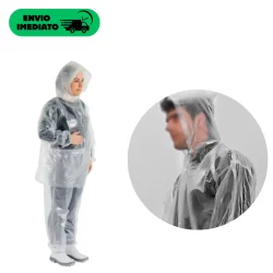 CONJUNTO CAPA DE CHUVA DESCARTÁVEL TRANSPARENTE COM CAPUZ TAMANHO ÚNICO IMPERMEÁVEL COM ELÁSTICO