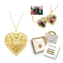 Colar com 1 foto relicário coração telado pequeno folheado a ouro 18k