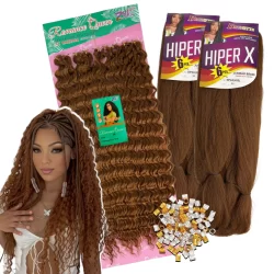 Kit Tranças Gypsy 2 Jumbo Super Hiper X + Cacho Orgânico Barbara Crochet 75 cm
