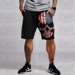Bermuda Shorts para Treino Academia casual esporte bolsos laterais Skull USA Caveira EUA