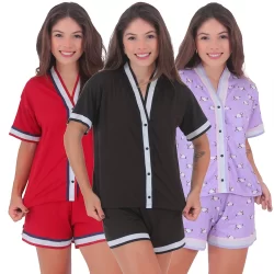Kit 3 Pijamas Americano Suede Fechado Blogueirinha Short Doll Boa Forma