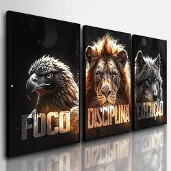 Quadros Decorativos Sala Leão Águia Foco Disciplina Quarto 3 Peças Animais