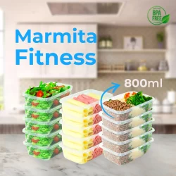 Kit 15 Potes Marmitas Fitness 800ml Para Freezer e Microondas BPA Free Transparente com Tampa