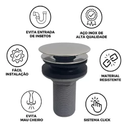 Valvula Click Ralo Inox Para Pia Cuba Lavatório Banheiro Lavabo Conexão 7/8 Aço Inox 304 Luxo