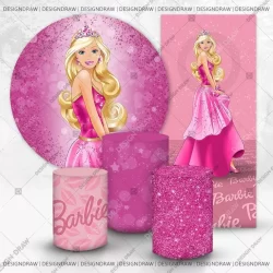 KIT PAINEL DE FESTA BARBIE - 1 REDONDO 1,50 + 1 VERTICAL 2X1 + 3 CAPAS CILINDRO