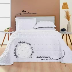 Kit Cobre Leito Colcha 3 Peças - Queen - 300 Fios Pecal - Dupla Face - Detalhes em 3d Pompom Poppy
