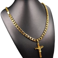 Corrente Cordão 10mm Ouro Masculino 100% Moeda Antiga + Pingente Crucifixo Jesus Detalhado