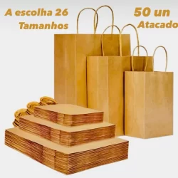 50 SACOLAS KRAFT PRESENTE LOJA LOJISTA P/M/G/GG OFF (LC)