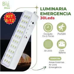 Kit 12 Luminárias Emergência Lâmpada 30 Leds Recarregável Bivolt Luz Branca (Branco Frio 6,500K)