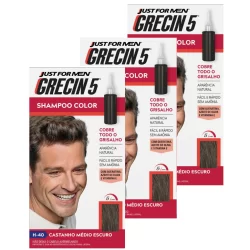Kit 3x unidades Grecin 5 Shampoo Tintura Tonalizante Castanho Médio Escuro H-40 Cobre os cabelos grisalhos em 5 minutos.