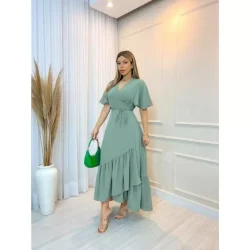 Vestido Longo Envelope Manga Curta Decote V Detalhe Saia Em Babado Moda Feminina Evangélica cod. x059