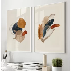 Quadros Decorativos com Moldura Sala Quarto Duo Abstrato Estilo Boho Rose Azul Vermelho Bege