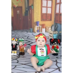 romper fantasia bebe menina temático mesversario Chiquinha laço de cabelo