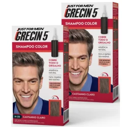 Kit 2x unidades  Grecin 5 Shampoo Tintura Tonalizante Castanho Claro H-25 60ml - Cobre os cabelos grisalhos em 5 minutos