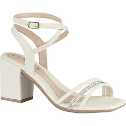 Sandália Feminina Lumiss Salto Grosso Médio Confortável Tiras Strass Brilho Off White