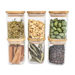 Kit 6 Potes Vidro Borossilicato Condimentos Com Tampa Empilhavel Bambu Quadrado 400ml