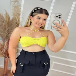 Biquini Sutiã Canelado Marquinha Croped Top Rendado Crochê Tendência Moda Praia Feminina Verão Tricô