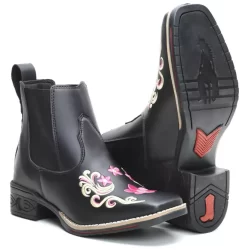 Botina Bota Feminina Cano Curto Country Texana Rodeio Roça Cowboy Floral Pink Show