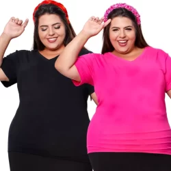 Kit 2  Plus Size Blusa Básica Gola V Tecido Confortável  Tamanhos do M ao G2 Várias Cores