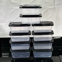 Kit de potes 1 litro transparente - tampa preta Marmita Livre de BPA, vasilhas, freezer microondas reutilizável.