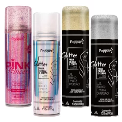 Spray De Glitter Cabelo e Corpo Roupa Popper 135ml Prata - Dourado - Rosa e Holografico