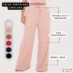 Calça Pantalona Feminina Canelada Com Bolso e Elástico e Cordão Cintura Alta