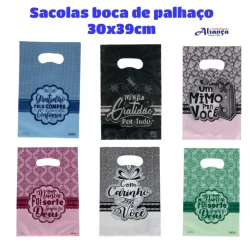 50 Sacolas Plásticas 30x39cm sacolas boca de palhaço com frases