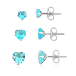 Trio de Brincos Prata 925 Coração Azul Tiffany