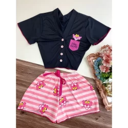 pijama americano feminino, baby doll feminino com botões, short doll coladinho, linha noite  (Lis)