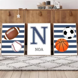 Quadro Decorativo 3 Peças de Personalizado com Nome,de Basquete e Futebol Impressão de Beisebol Bebê