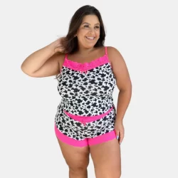 Pijama Baby Doll  Microfibra Plus Size Vaquinha Com Renda Neon Confortável