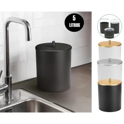 Lixeira 5 Litros Tampa e Aramado Interno Sacolinha Banheiro Cozinha Escritório Lavabo Preto Branco